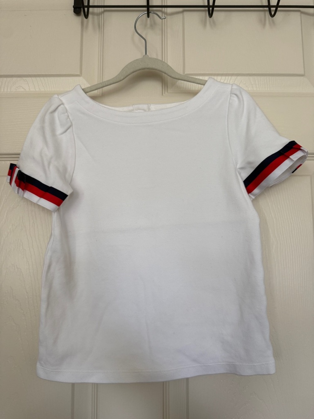 Janie and Jack White Short Sleeve Tee with Red & Navy Sleeve Stripes